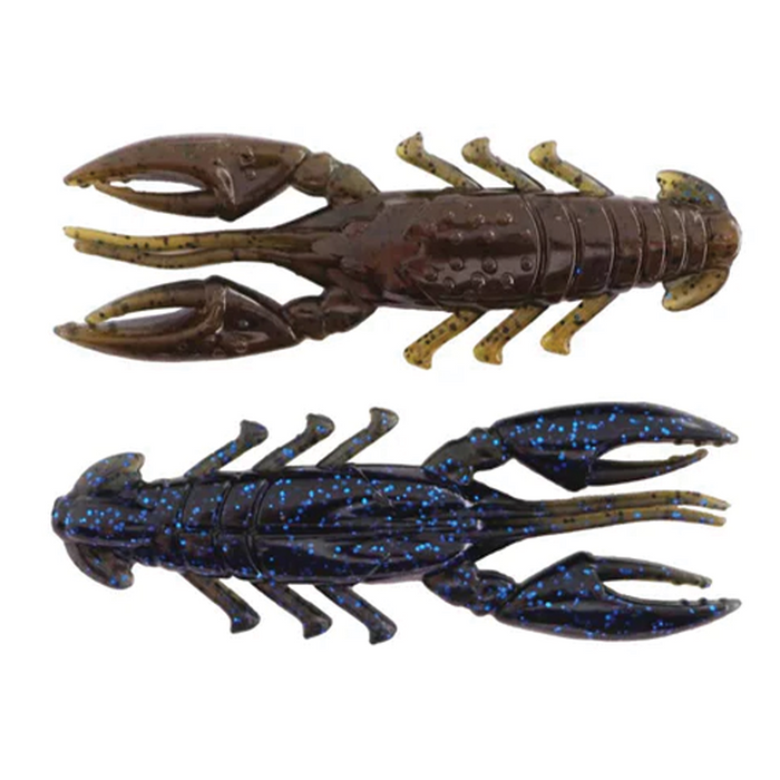 Two realistic soft plastic fishing lures shaped like crawfish with detailed claws and segmented bodies, featuring dark brown and blue colors with speckles, labeled X-Zone Scented Stealth Craw.