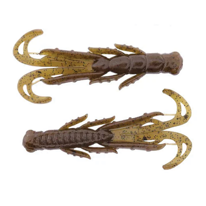 Two brown and green soft plastic fishing lures shaped like crawfish with multiple appendages and speckled details, identified as X-Zone Scented Stealth Creature designed for fishing tackle.