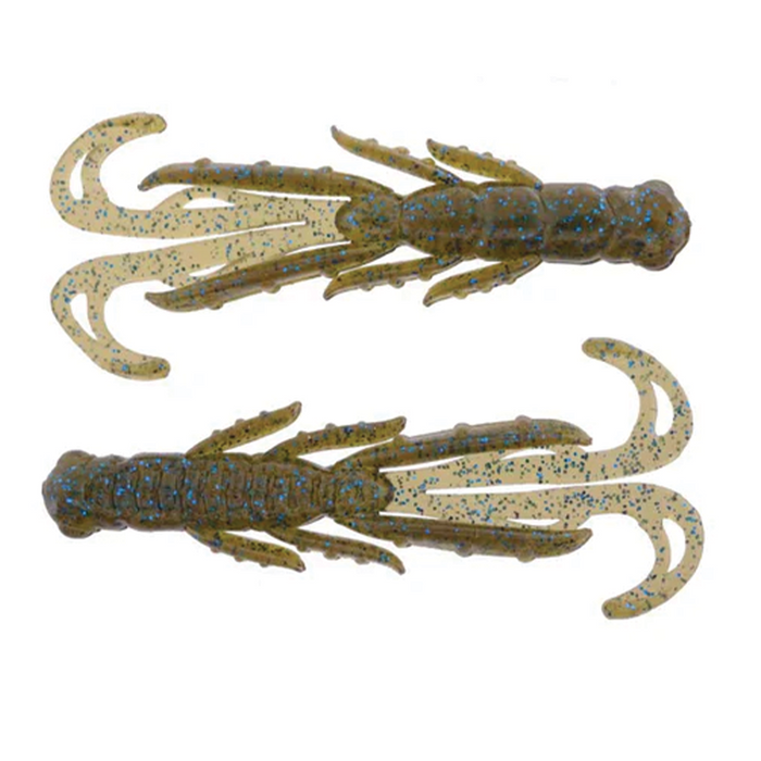 Two X-Zone Scented Stealth Creature fishing lures with segmented brownish-green bodies and multiple curved appendages speckled with blue glitter, designed for musky fishing tackle.