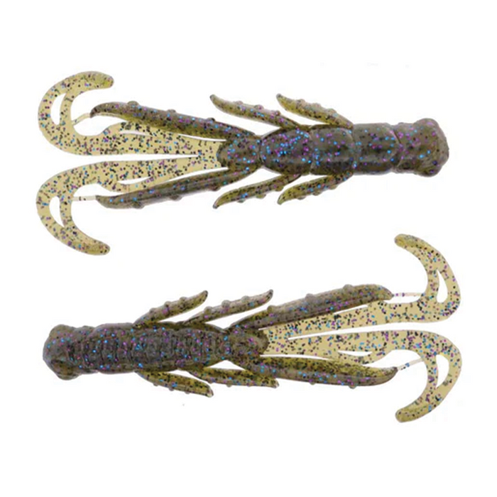 Two X-Zone Scented Stealth Creature soft plastic fishing lures in translucent brown with blue and purple glitter, designed to mimic natural bait for musky fishing.