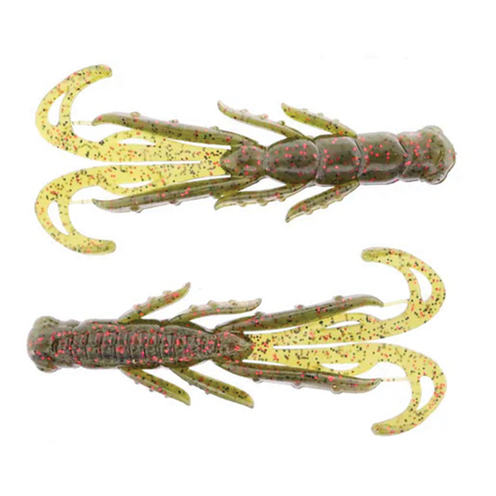 Two green and yellow soft plastic fishing lures with red flecks, designed to mimic aquatic creatures, labeled as X-Zone Scented Stealth Creature for use in fishing tackle.