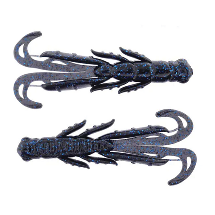 Two black fishing lures with blue flecks, featuring segmented bodies and multiple curved appendages, designed as the X-Zone Scented Stealth Creature for fishing tackle.