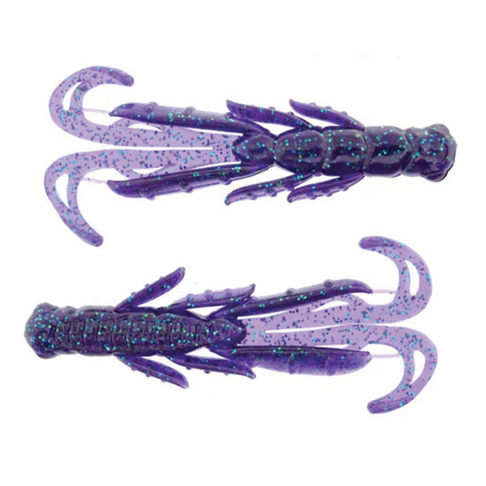 Two purple flexible fishing lures with blue speckles and multiple curved appendages, designed as X-Zone Scented Stealth Creature for fishing tackle use.