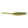 X-Zone Scented Stealth Minnow fishing lure in green with purple and silver glitter, soft body and forked tail designed for lifelike movement in water.