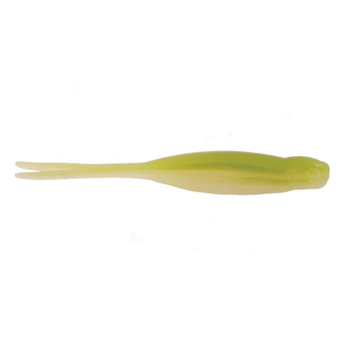 X-Zone Scented Stealth Minnow fishing lure in translucent green and yellow colors, designed for realistic movement to attract musky and other game fish.
