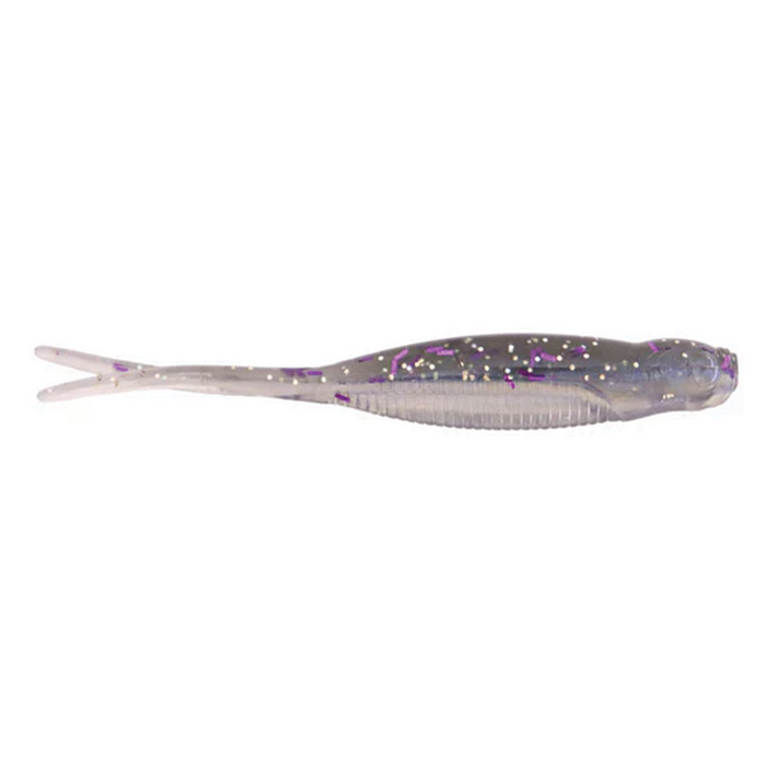 X-Zone Scented Stealth Minnow fishing lure with a slender, translucent body featuring purple and silver flecks, designed for realistic movement to attract fish.