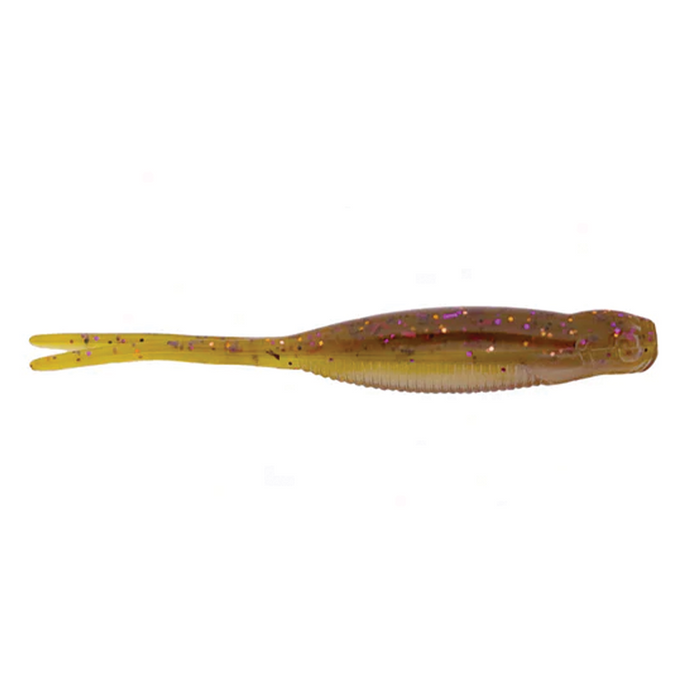 X-Zone Scented Stealth Minnow fishing lure in translucent brown with pink and purple glitter, featuring a slender body and forked tail designed for lifelike movement.