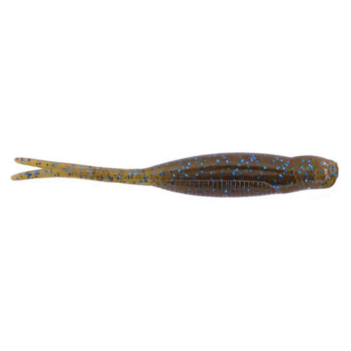 X-Zone Scented Stealth Minnow fishing lure in brown with blue speckles, designed for freshwater musky fishing with a soft, flexible body and split tail.