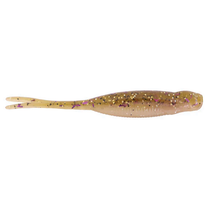 X-Zone Scented Stealth Minnow fishing lure in translucent brown with glitter flakes and a soft, segmented body designed for realistic movement in water.