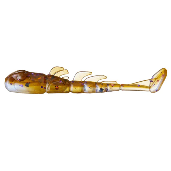 Soft plastic fishing lure designed to imitate a small creature with multiple fins and a paddle tail, featuring translucent amber color with purple and black flecks, called X-Zone Stealth Invader.