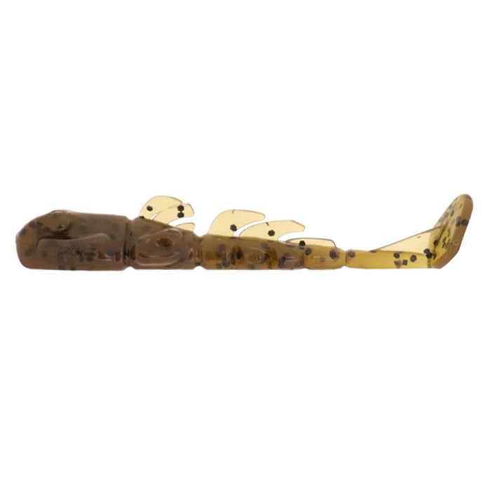 X-Zone Stealth Invader soft plastic fishing lure in translucent brown and yellow with black speckles, designed for lifelike movement in water.