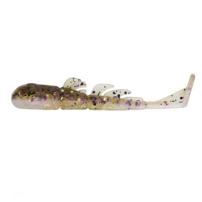 X-Zone Stealth Invader fishing lure in translucent body with purple and black speckles, featuring segmented design and paddle tail for lifelike movement in water.