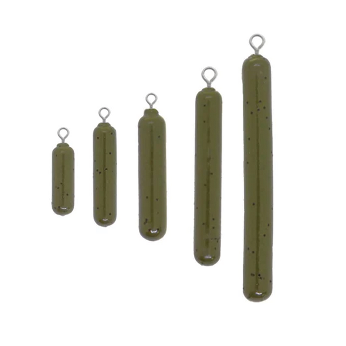 X-Zone Tungsten Skinny Drop Shot Weights (Tie On) in various sizes, olive green with black speckles, designed for precise fishing tackle applications.