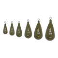 Set of six olive green tear drop shaped fishing weights with metal tie-on loops in varying sizes, labeled 1/8 to 3/4, X-Zone Tungsten Tear Drop Shot Weights (Tie On) for fishing tackle.