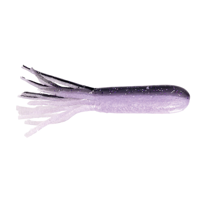 Purple and black soft plastic fishing lure with multiple thin tentacle-like strands at one end, designed as an X-Zone X-Tubes fishing tackle for musky fishing.