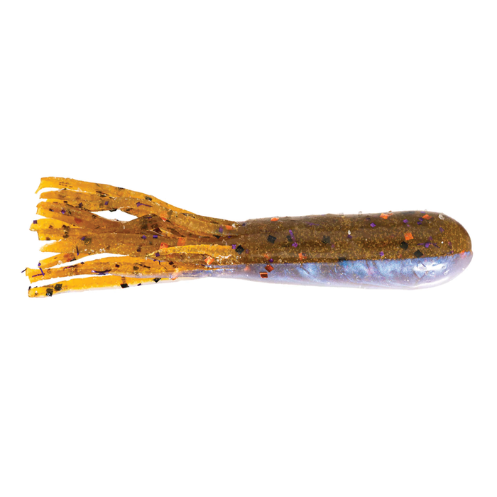Soft plastic fishing lure X-Zone X-Tubes in amber and blue with glitter flakes and multiple thin, flexible tentacles designed to attract musky and other game fish.