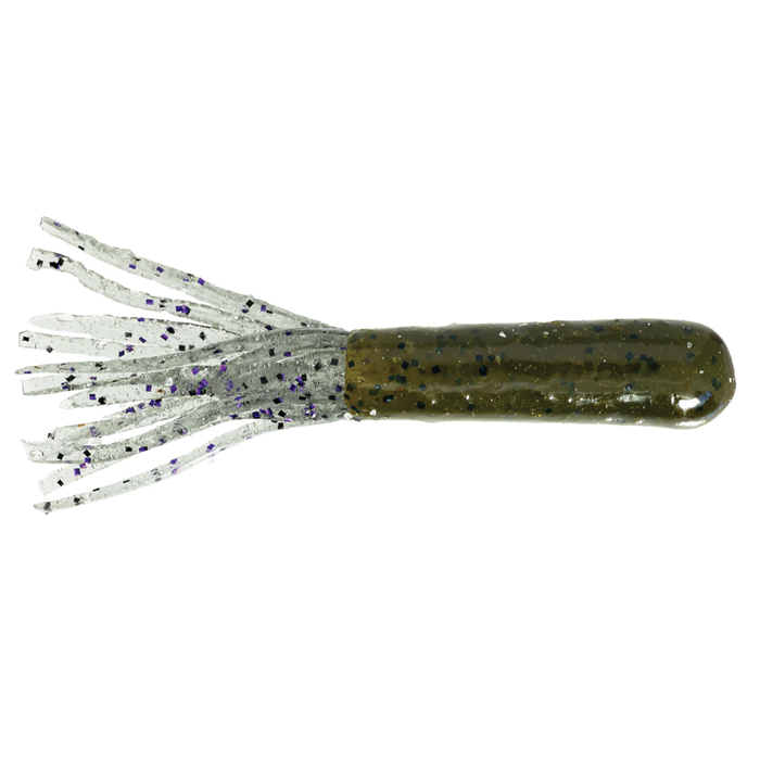 Soft fishing lure with a dark olive green head and translucent silver tentacles speckled with dark and purple flecks, designed as X-Zone X-Tubes for fishing tackle.