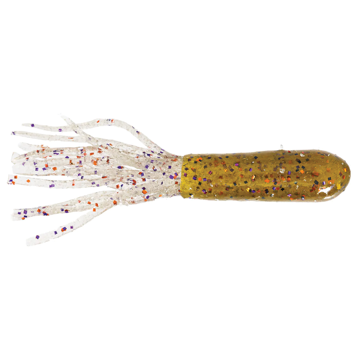 X-Zone X-Tubes fishing lure with a translucent white body featuring multicolored glitter and a solid olive green head, designed for attracting musky and other game fish.