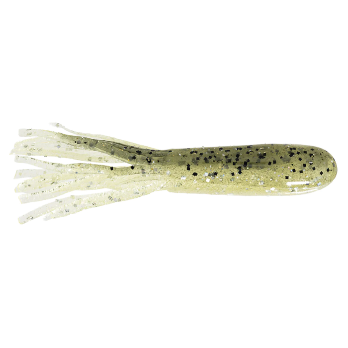 Soft plastic fishing lure in pale translucent green with black and silver glitter, designed to mimic a small aquatic creature, featuring multiple flexible tentacle-like appendages, X-Zone X-Tubes.
