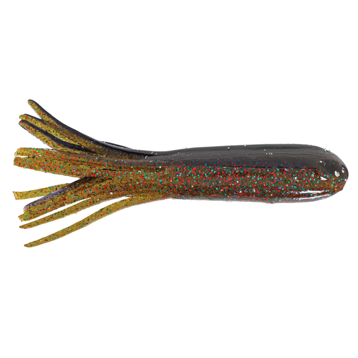 X-Zone X-Tubes fishing lure in dark green with red and blue glitter, designed with multiple soft tentacles to attract musky and other game fish.