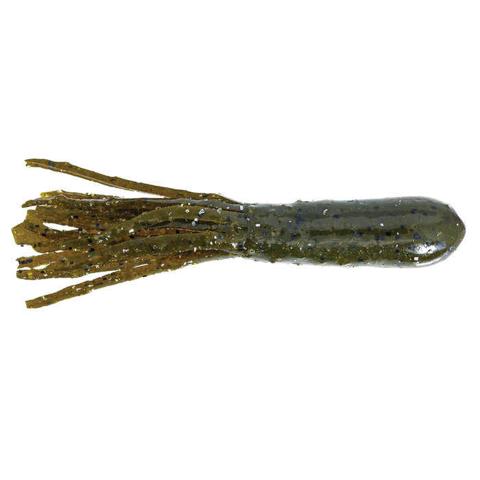 X-Zone X-Tubes soft fishing lure in green with black speckles and multiple thin, flexible skirt strands designed for musky fishing tackle.