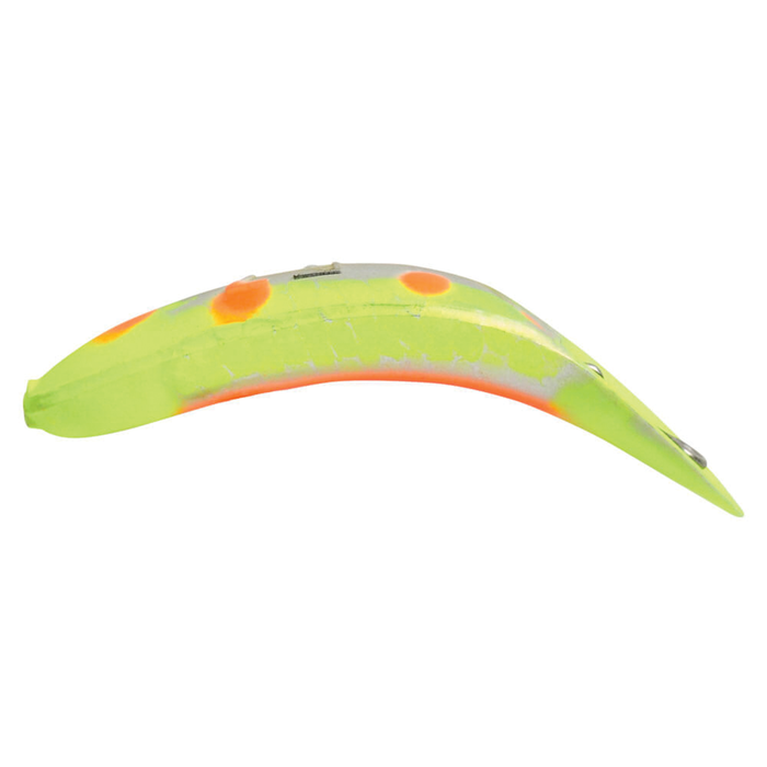 Yakima FlatFish T-60 fishing lure with a curved, minnow-shaped body in bright yellow-green with orange spots, designed for attracting musky and freshwater fish.