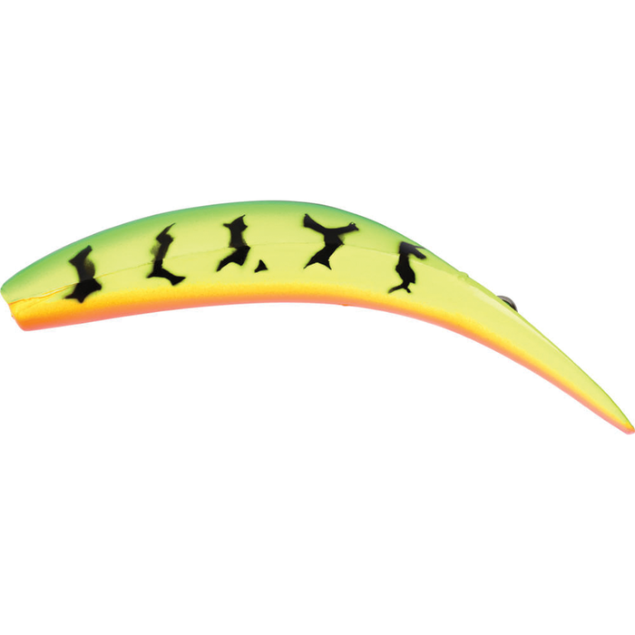 Yakima FlatFish T-60 fishing lure in bright yellow and green with black pattern accents, designed for attracting muskies and other game fish.