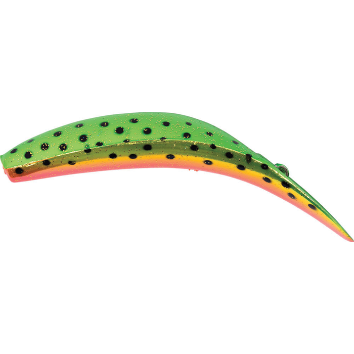 Yakima FlatFish T-60 fishing lure in bright green with black spots and orange underside, designed for effective fishing tackle performance.