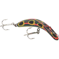 Yakima FlatFish T-60 fishing lure with a curved body featuring green, yellow, and red spotted design, equipped with two treble hooks for effective fishing tackle use.