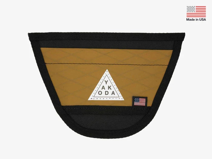 Yakoda Net Holster in coyote brown with black edging, featuring a triangular Yakoda logo and a small American flag patch, designed for securely holding fishing nets.