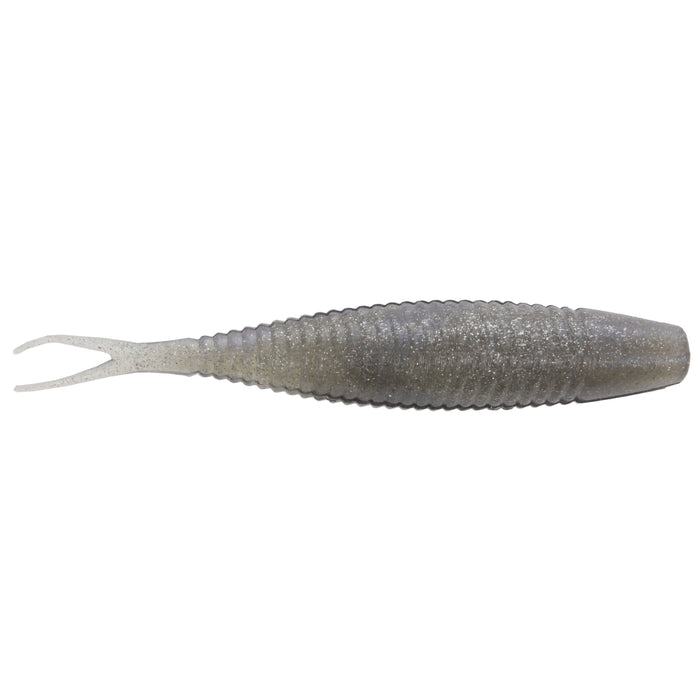 Yamamoto 3" Scope Shad fishing lure in translucent gray with a ribbed body and split tail, designed for effective freshwater fishing tackle use.