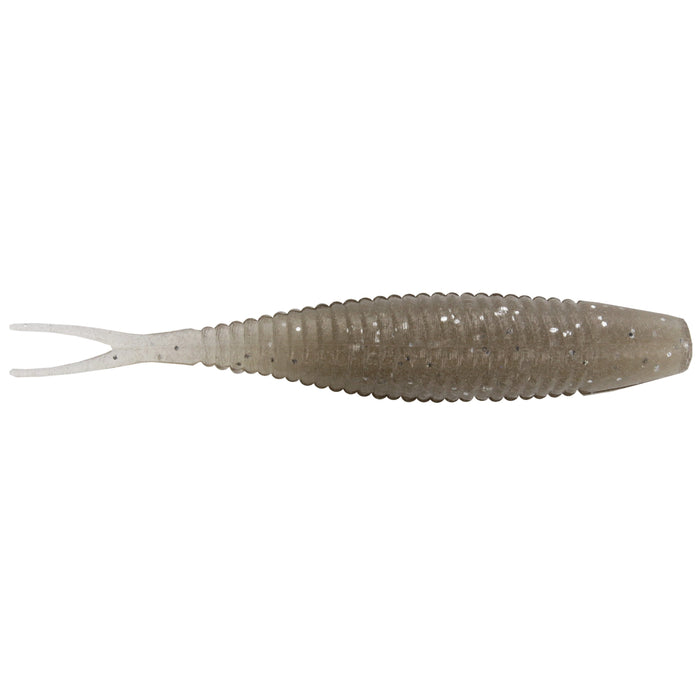 Yamamoto 3" Scope Shad fishing lure in translucent gray with ribbed body and forked tail, designed for use with fishing tackle in musky and freshwater fishing.