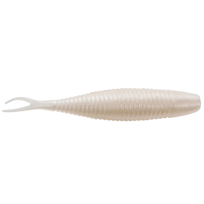 Yamamoto 3" Scope Shad fishing lure in pearly white with a ribbed body and forked tail designed for realistic movement in water, ideal for fishing tackle use.