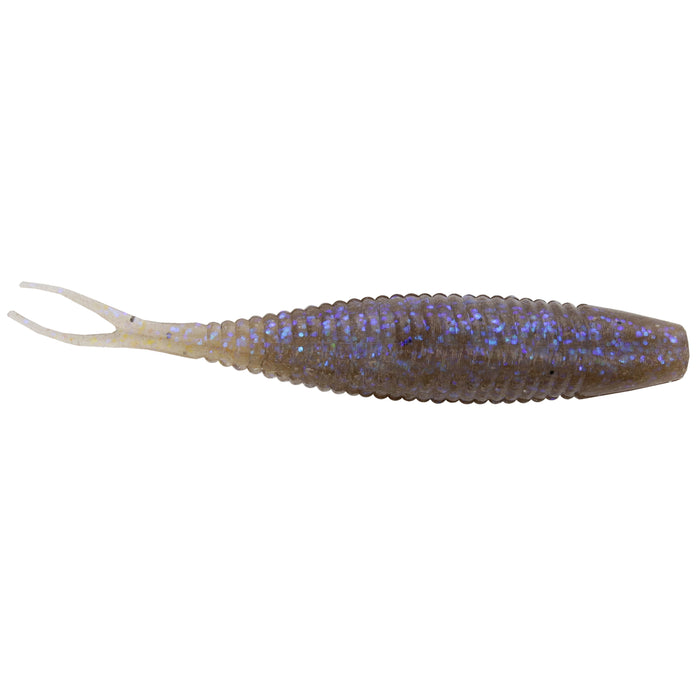Yamamoto 3" Scope Shad soft plastic fishing lure with ribbed body and forked tail, featuring a natural translucent brown color with blue flecks for musky and ice fishing tackle.