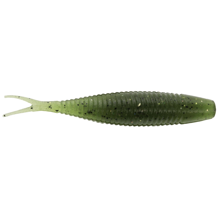 Yamamoto 3" Scope Shad soft fishing lure in green with black and gold flecks, ribbed body and forked tail designed for realistic movement in water.