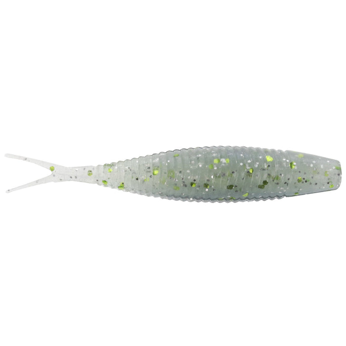 Soft fishing lure in translucent pale green with specks of glitter and two thin tail extensions, designed for use as Yamamoto 3" Scope Shad fishing tackle.