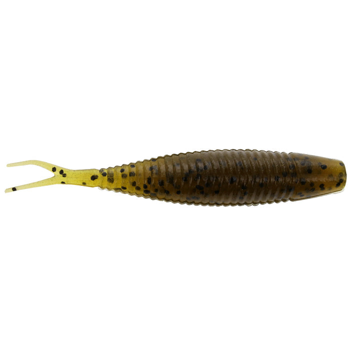 Soft plastic fishing lure in greenish-brown with black speckles and forked tail detail, designed as the Yamamoto 3" Scope Shad for effective fishing tackle use.