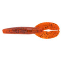 Yamamoto 3.5" Shinobi Grub fishing lure in translucent orange with black speckles, featuring a ribbed body and split tail designed for lifelike movement in water.