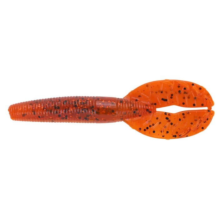 Yamamoto 3.5" Shinobi Grub fishing lure in translucent orange with black speckles, featuring a ribbed body and split tail designed for lifelike movement in water.