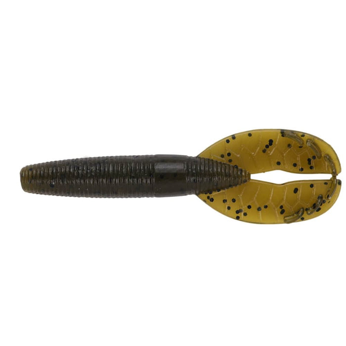Yamamoto 3.5" Shinobi Grub soft fishing lure with a ribbed dark body and twin curled tail in translucent yellow with black speckles, designed for effective fishing tackle use.