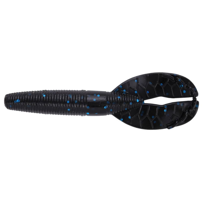 Yamamoto 3.5" Shinobi Grub fishing lure in black with blue speckles, featuring a ribbed body and split paddle tail designed for lifelike movement in water.