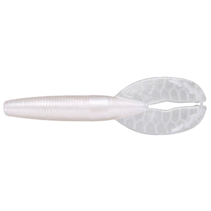 Yamamoto 3.5" Shinobi Grub fishing lure in pearlescent white with a ribbed body and split tail designed for attracting fish in freshwater environments.