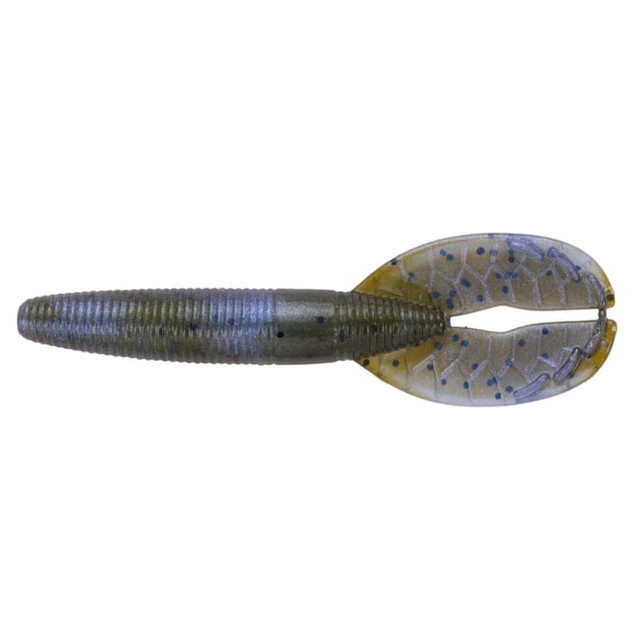 Yamamoto 3.5" Shinobi Grub fishing lure with a ribbed body and twin tail paddle in translucent brown with blue speckles, designed for freshwater fishing tackle.