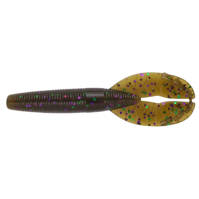 Yamamoto 3.5" Shinobi Grub fishing lure in greenish brown with purple and green glitter, designed for freshwater fishing tackle targeting musky and other species.