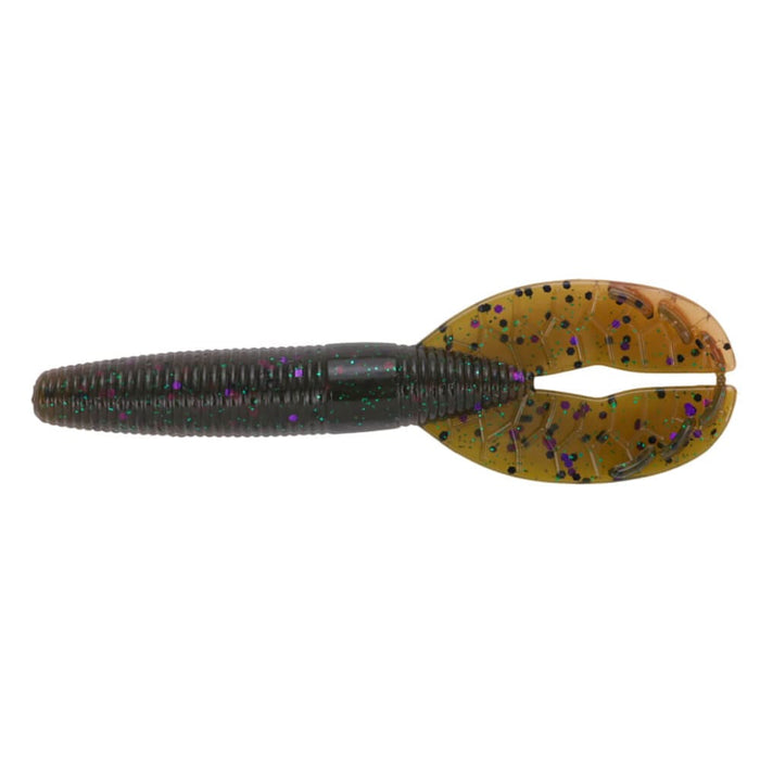 Yamamoto 3.5" Shinobi Grub fishing lure in dark green and brown with purple glitter accents, designed for effective bait presentation in fishing tackle.