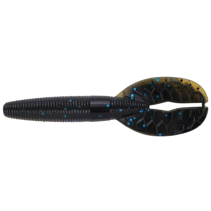 Yamamoto 3.5" Shinobi Grub fishing lure in dark color with blue speckles and twin paddle tail designed for effective water movement to attract fish.