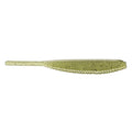 Single soft plastic fishing lure in a translucent greenish shade with black speckles, featuring a slender body and paddle tail, designed as the Yamamoto 4" Shad Shape Worm.
