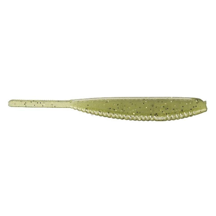 Single soft plastic fishing lure in a translucent greenish shade with black speckles, featuring a slender body and paddle tail, designed as the Yamamoto 4" Shad Shape Worm.