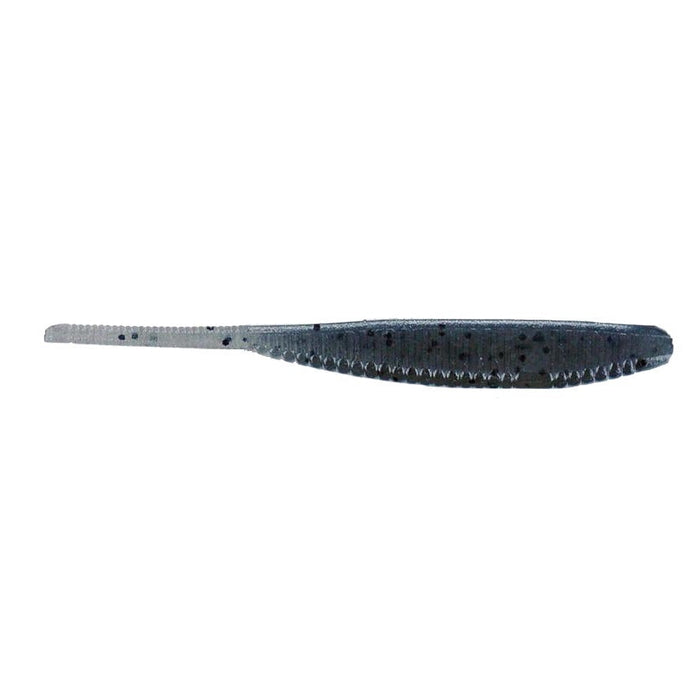 Yamamoto 4" Shad Shape Worm fishing lure in dark translucent color with black speckles, designed for effective fishing tackle and lure applications.