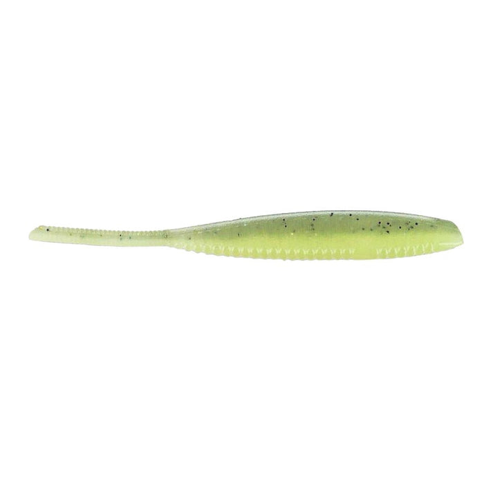 Yamamoto 4" Shad Shape Worm fishing lure in translucent green with black speckles, designed to mimic baitfish for effective fishing tackle use.